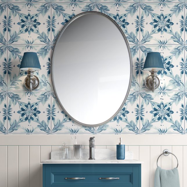 Kustbloesem Tegels - zacht Blauwgroen, wit - Kust Behang (Coastal Blossom Tiles Peel and Stick Wallpaper )