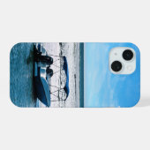Kustboot wandkunst Minimalistische oceaanblauw iPhone 15 Case (Achterkant horizontaal)