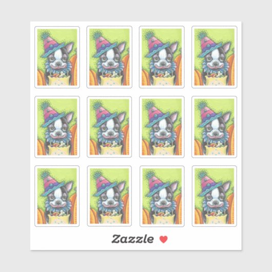 KUSTBOSTON TERRIER PLAATS IN HALLOEEN SLOONKOSTUOM STICKER (Vel)