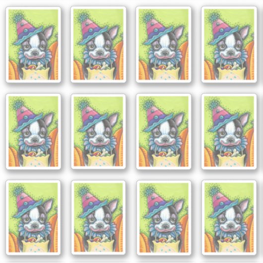 KUSTBOSTON TERRIER PLAATS IN HALLOEEN SLOONKOSTUOM STICKER (Voorkant)