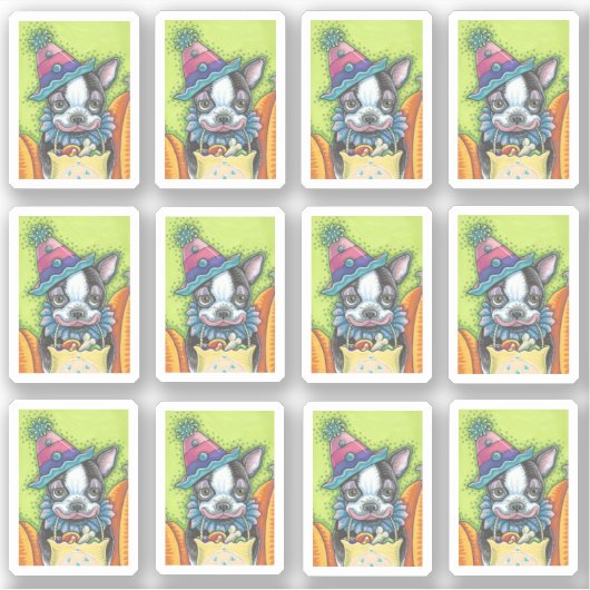 KUSTBOSTON TERRIER PLAATS IN HALLOEEN SLOONKOSTUOM STICKER (Voorkant)