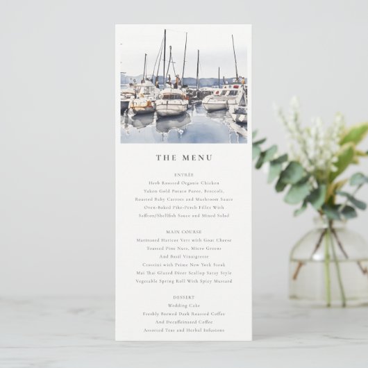 Kustboten bij Harbour Seascape Bruiloft Menu Kaart (Staand voorkant)