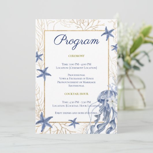 Kustbruiloft Blauw & Goud Programma Programmakaart (Staand voorkant)