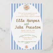 Kustbruiloft met blauwe strepen folie uitnodiging (Voorkant)