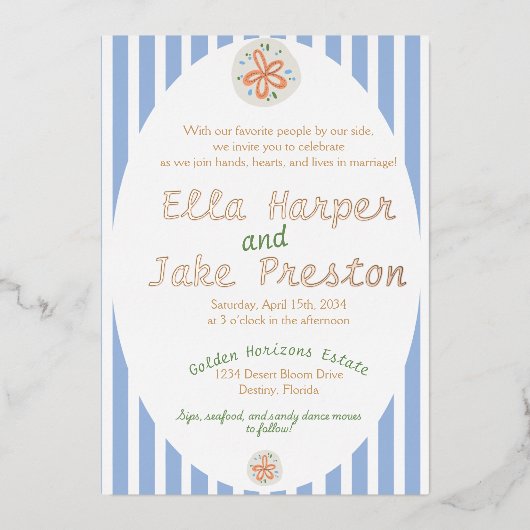 Kustbruiloft met blauwe strepen folie uitnodiging (Voorkant)