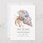 Kustbruiloft met bloemmotief en heremietkreeft in save the date (Voorkant)