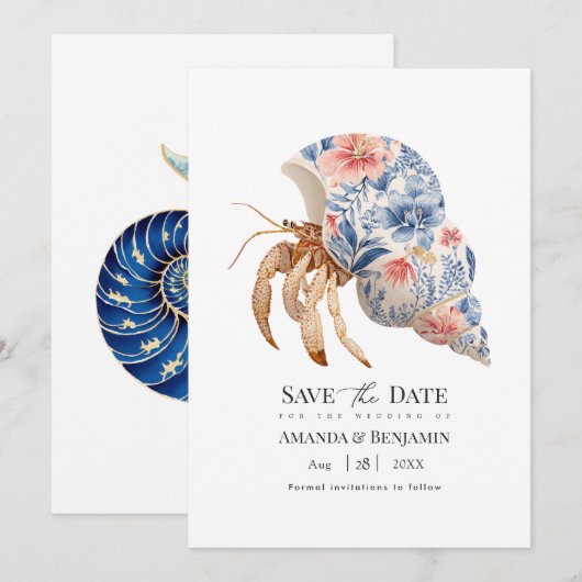 Kustbruiloft met bloemmotief en heremietkreeft in save the date (Voorkant / Achterkant)