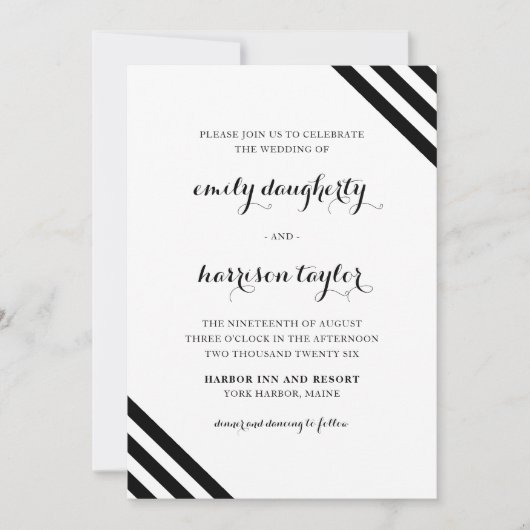 Kustbruiloft nautische strepen zwart en wit kaart (Voorkant)