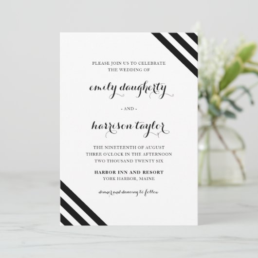 Kustbruiloft nautische strepen zwart en wit kaart (Staand voorkant)