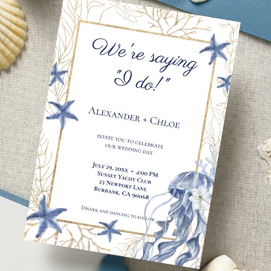 Kustbruiloft Navyblauw Goud Kaart