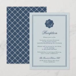 Kustbruiloft Stofblauw Monogram Ontvangst Informatiekaartje