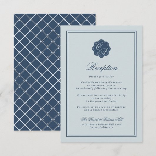 Kustbruiloft Stofblauw Monogram Ontvangst Informatiekaartje (Voorkant / Achterkant)