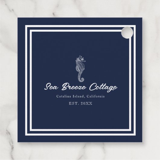 Kustcharme: Blauw en Wit Nautisch Zeepaardje Bedankjes Labels (Achterkant)