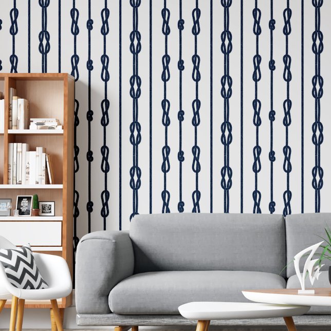 Kustchic Diepblauw touw en zeemansknopen Behang (Coastal chic Deep blue rope and sailor's knots Wallpaper)