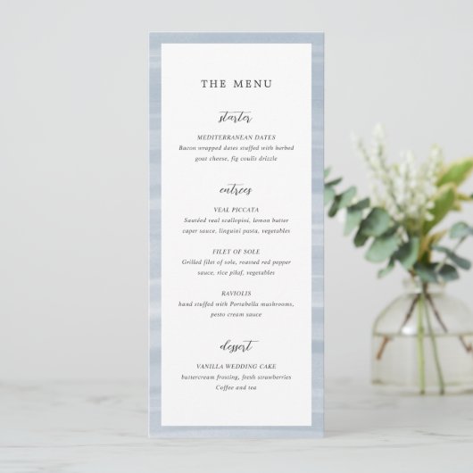 Kustchic Gedempte Blauwe Elegante Bruiloft Menu (Staand voorkant)