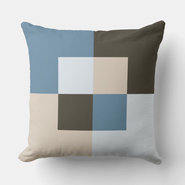 Kustchic geometrisch blauw en bruin buitenkussen (Voorkant)