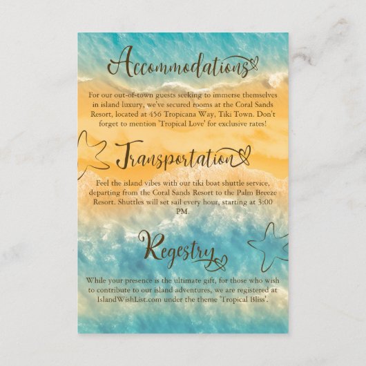 Kustchic gouden zand turquoise bruiloft details informatiekaartje (Achterkant)