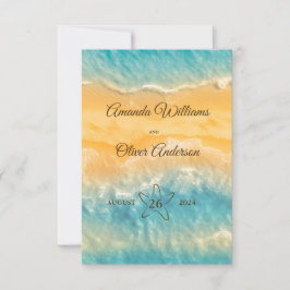 Kustchic gouden zand turquoise klassieke bruiloft RSVP kaartje