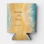 Kustchic gouden zand turquoise water bruiloft blikjeskoeler (Voorkant)