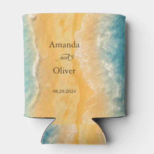 Kustchic gouden zand turquoise water bruiloft blikjeskoeler (Achterkant)