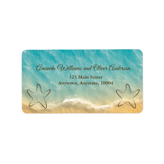 Kustchic gouden zand turquoise water bruiloft etiket (Voorkant)