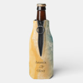 Kustchic gouden zand turquoise water bruiloft flesjeskoeler (Fles Achterkant)