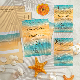 Kustchic gouden zand turquoise water bruiloft kaart
