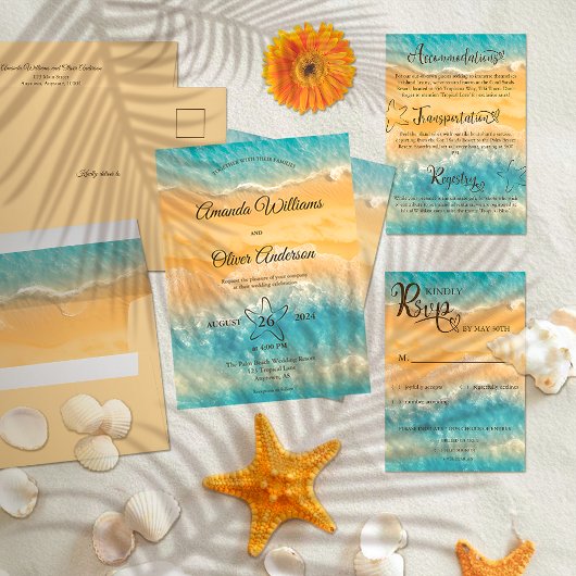 Kustchic gouden zand turquoise water bruiloft kaart
