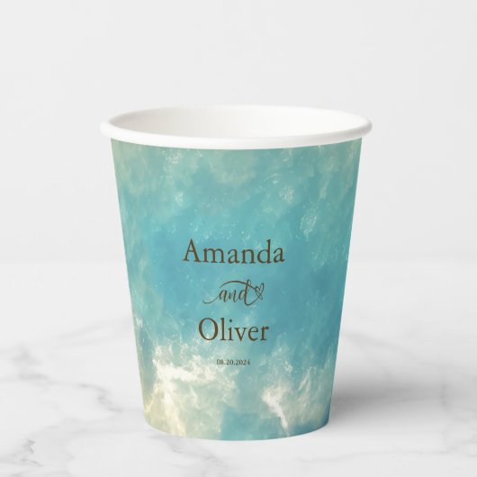 Kustchic gouden zand turquoise water bruiloft papieren bekers (Voorkant)