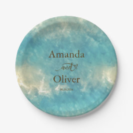 Kustchic gouden zand turquoise water bruiloft papieren bordje