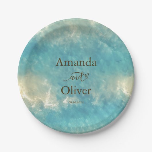 Kustchic gouden zand turquoise water bruiloft papieren bordje (Voorkant)