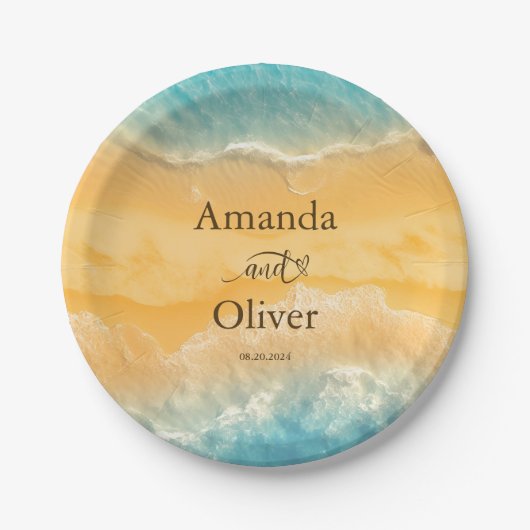 Kustchic gouden zand turquoise water bruiloft papieren bordje (Voorkant)
