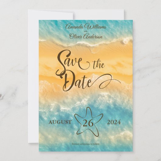 Kustchic gouden zand turquoise water bruiloft save the date (Voorkant)