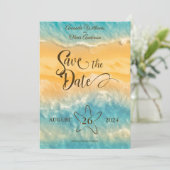 Kustchic gouden zand turquoise water bruiloft save the date (Staand voorkant)
