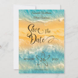 Kustchic gouden zand turquoise water bruiloft save the date