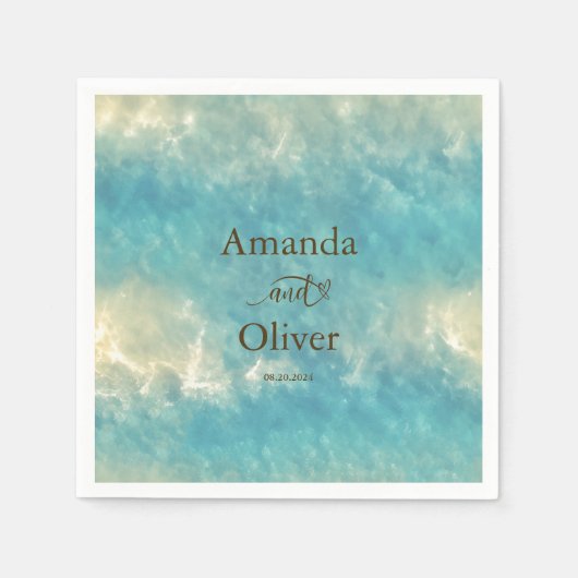 Kustchic gouden zand turquoise water bruiloft servet (Voorkant)