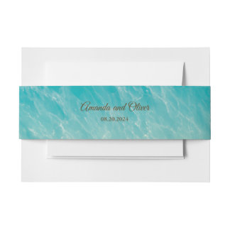 Kustchic gouden zand turquoise water bruiloft uitnodigingen wikkel