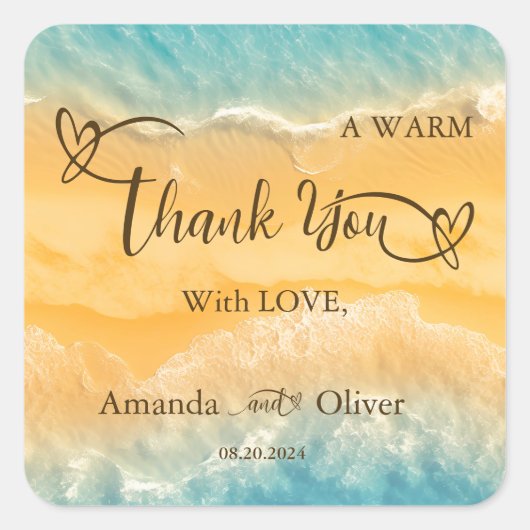 Kustchic gouden zand turquoise water bruiloft vierkante sticker (Voorkant)