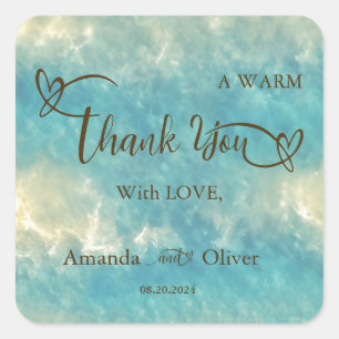 Kustchic gouden zand turquoise water bruiloft vierkante sticker