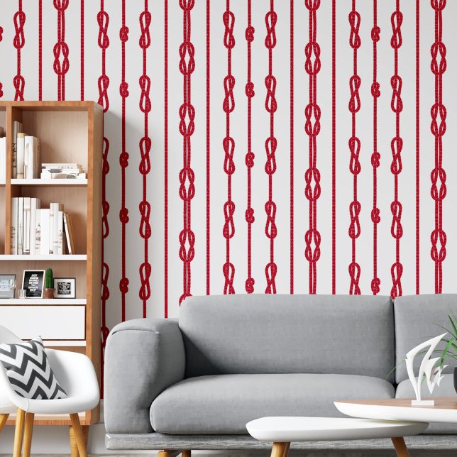 Kustchic Rood touw en zeemansknopen print Behang (Coastal chic Red rope and sailor's knots print Wallpaper)