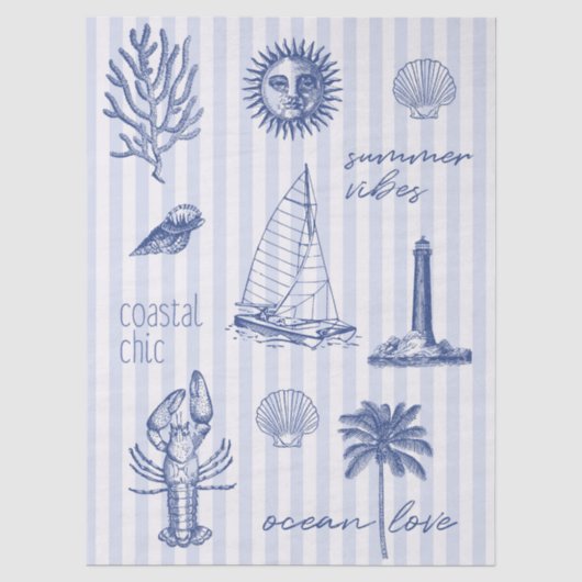 Kustchic Zomerstemming op Blauw Witte Strepen Tissuepapier (Voorkant)