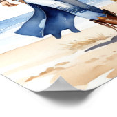 Kustcowgirl in Denim met een hond op het strand Poster (Hoek)