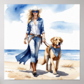 Kustcowgirl in Denim met een hond op het strand Poster (Voorkant)
