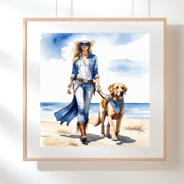 Kustcowgirl in Denim met een hond op het strand Poster