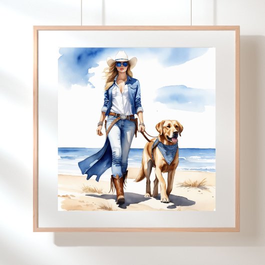 Kustcowgirl in Denim met een hond op het strand Poster