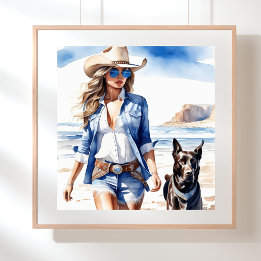 Kustcowgirl in Denim met hond op het strand Poster