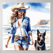 Kustcowgirl in Denim met hond op het strand Poster (Voorkant)