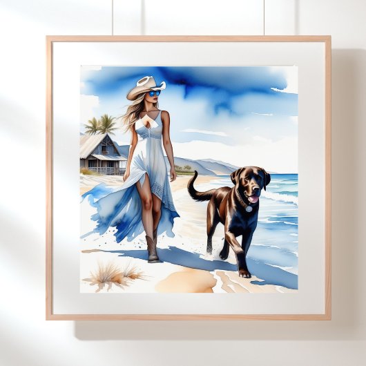 Kustcowgirl met hond op het strand poster
