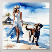 Kustcowgirl met hond op het strand poster (Voorkant)