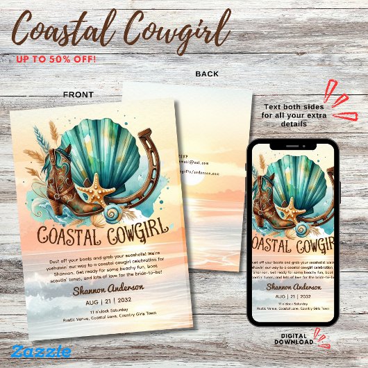 Kustcowgirl rustieke strand bachelorette bruids kaart